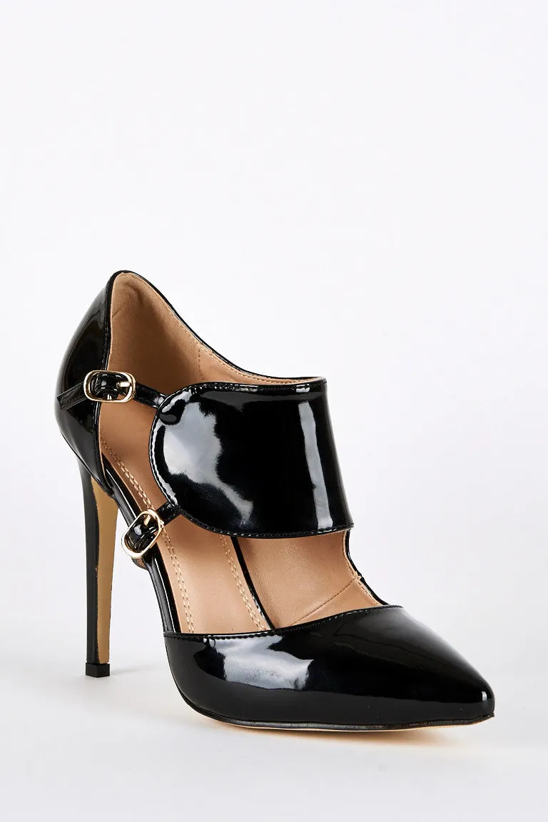 Patent Cut Out Buckle Court Shoes