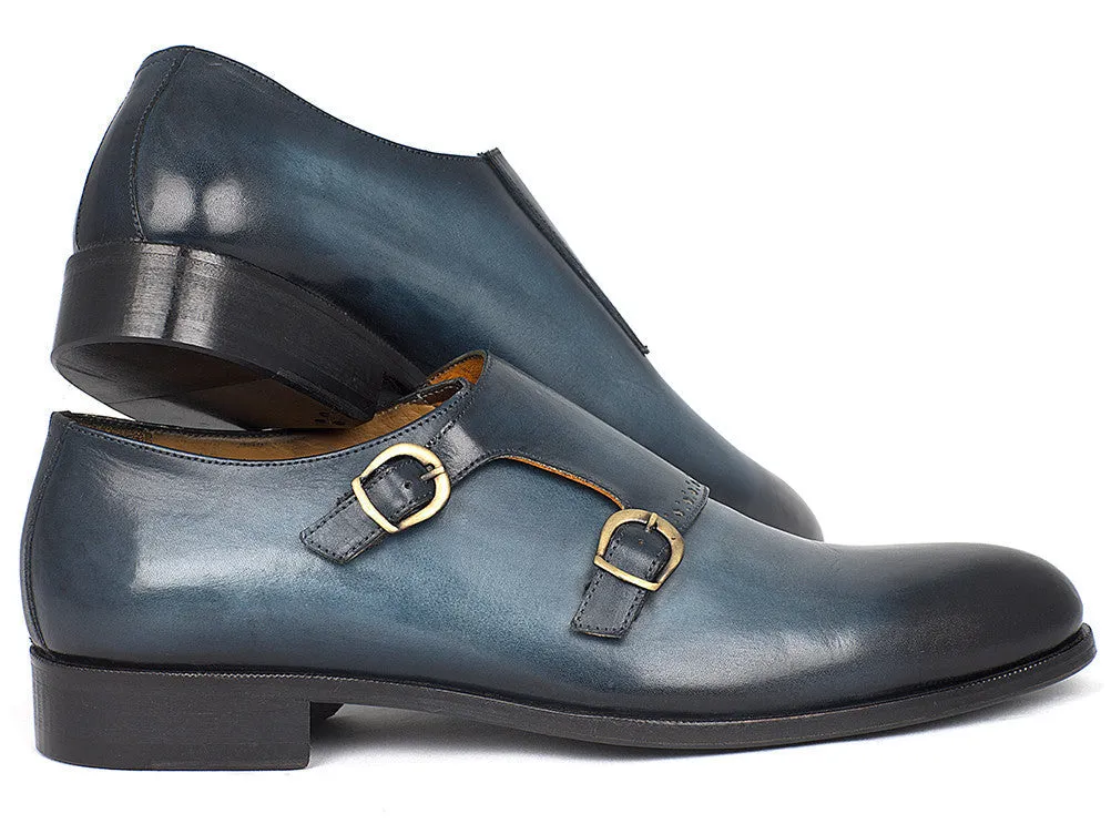 Paul Parkman Hand-Painted Leather Double Monkstrap Shoes in Navy