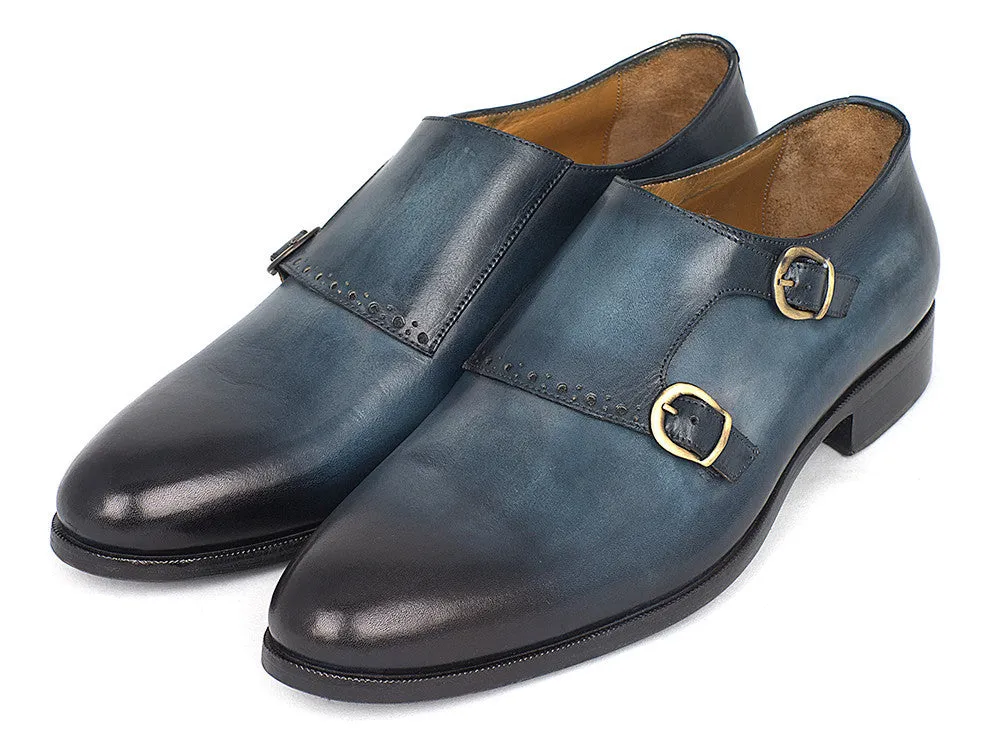 Paul Parkman Hand-Painted Leather Double Monkstrap Shoes in Navy