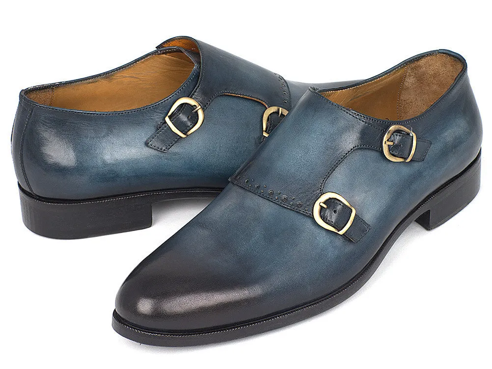 Paul Parkman Hand-Painted Leather Double Monkstrap Shoes in Navy