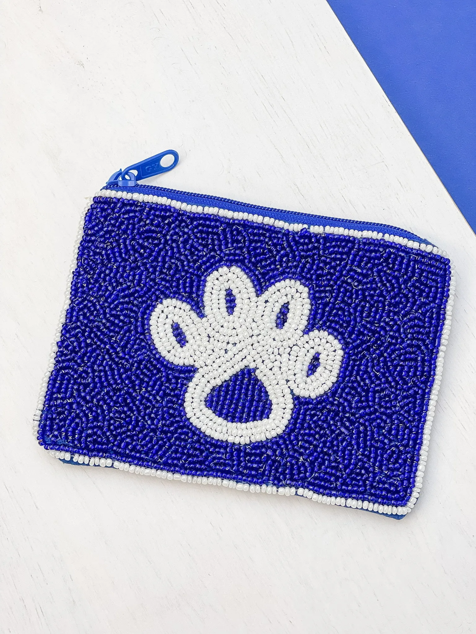 Paw Print Beaded Zip Pouch - Blue & White