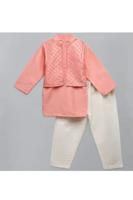 Peach Cotton Silk kurta With Attached Jacket Pyjama Set