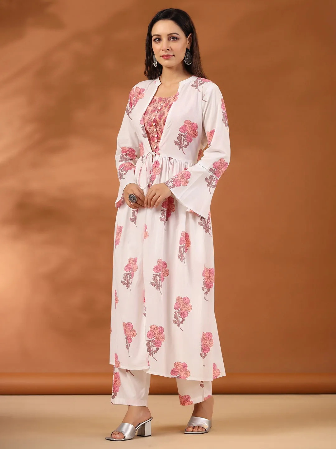 Peach Floral Printed Cotton 3-Piece Co-Ord Set