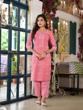 Peach Floral Printed Cotton Kurta & Pant Set With Lace & Buttons