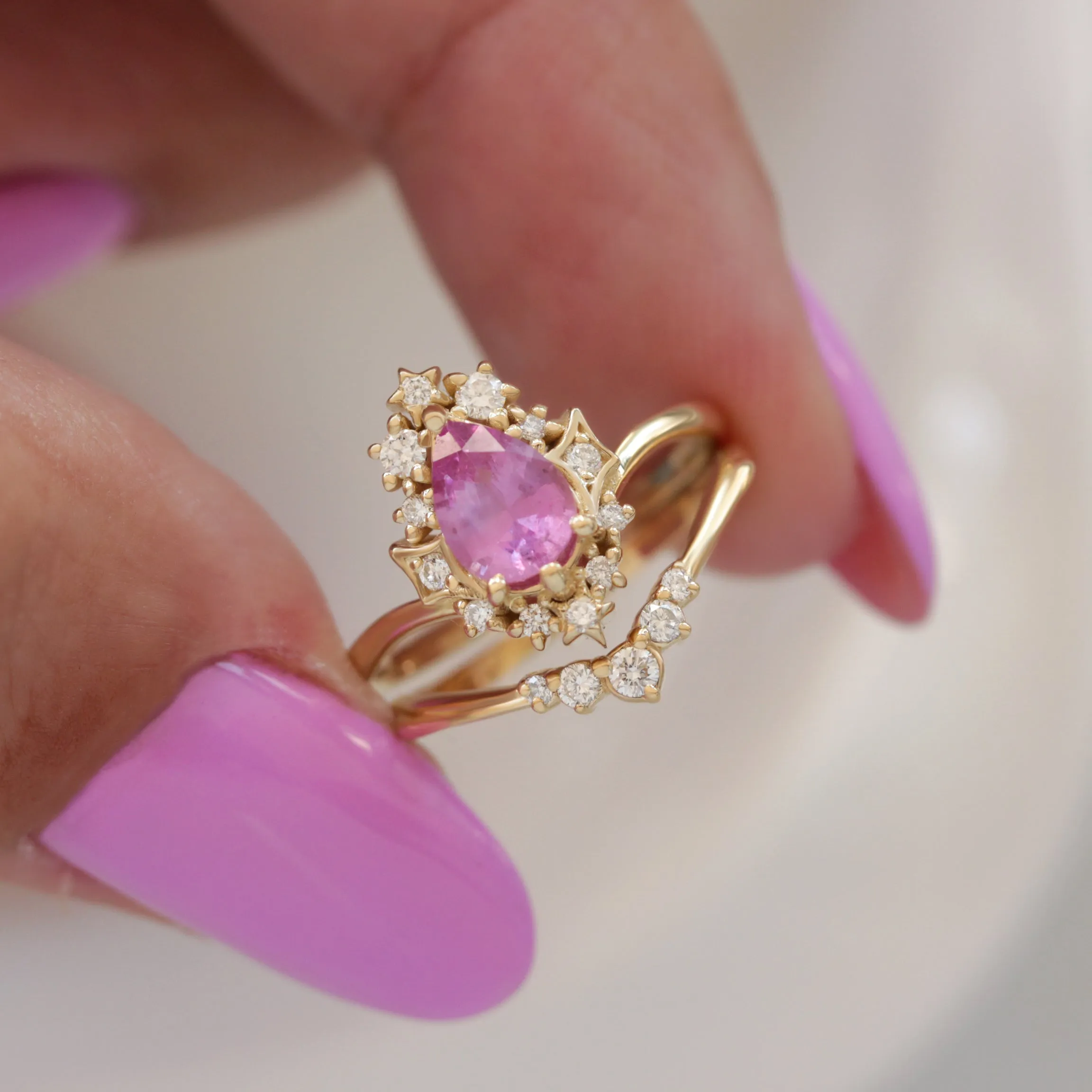 Pear Pink Sapphire Celestial Diamond Halo Ring