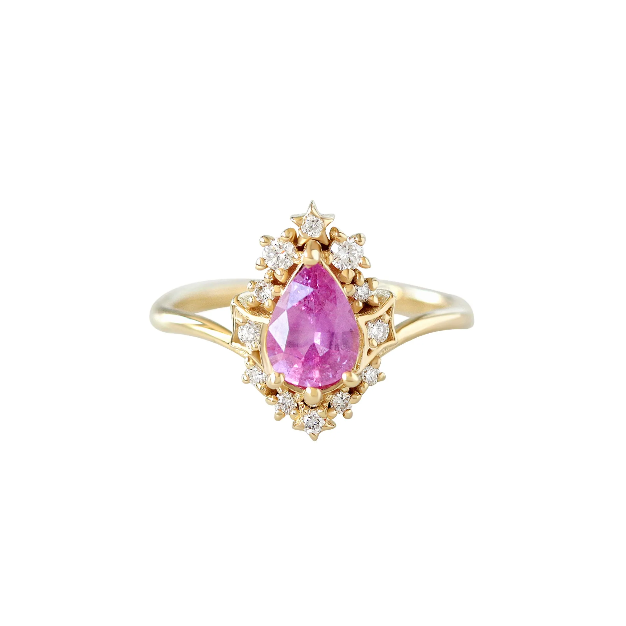 Pear Pink Sapphire Celestial Diamond Halo Ring