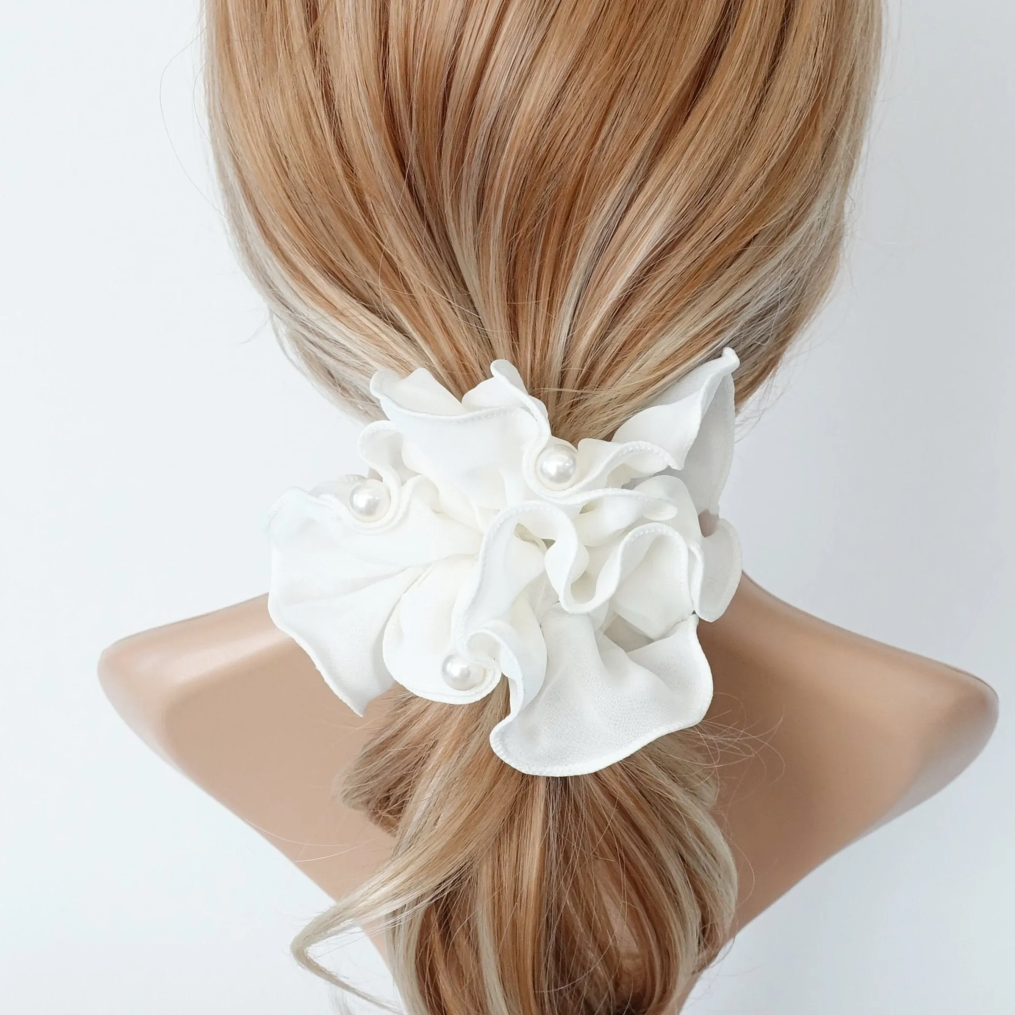 pearl decorated chiffon scrunchies women hair elastic scrunchie