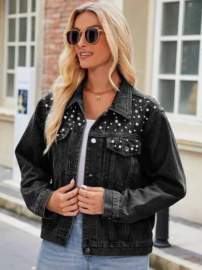 Pearl Detail Denim Jacket: Stylish Must-Have for Ladies!