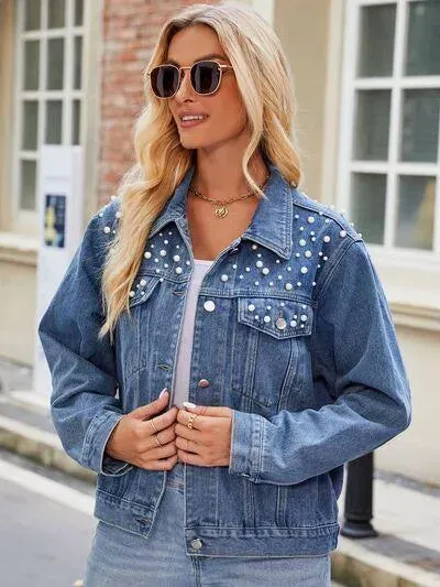 Pearl Detail Denim Jacket: Stylish Must-Have for Ladies!