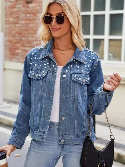 Pearl Detail Denim Jacket: Stylish Must-Have for Ladies!