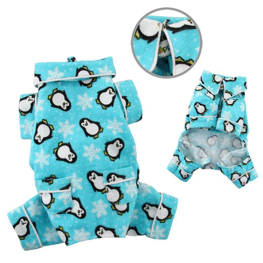 Penguins And Snowflakes Flannel Dog Pajamas Turquoise