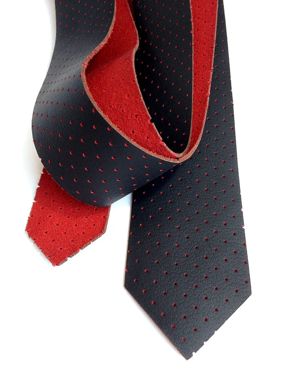 Perforated Black & Red Leather Necktie. Red backed automotive leather tie