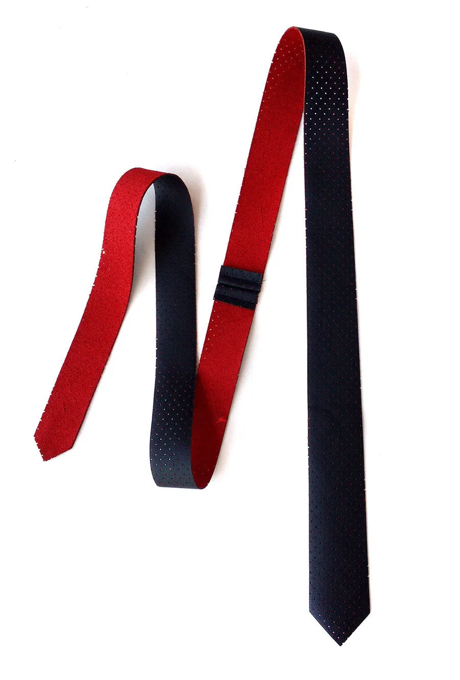 Perforated Black & Red Leather Necktie. Red backed automotive leather tie