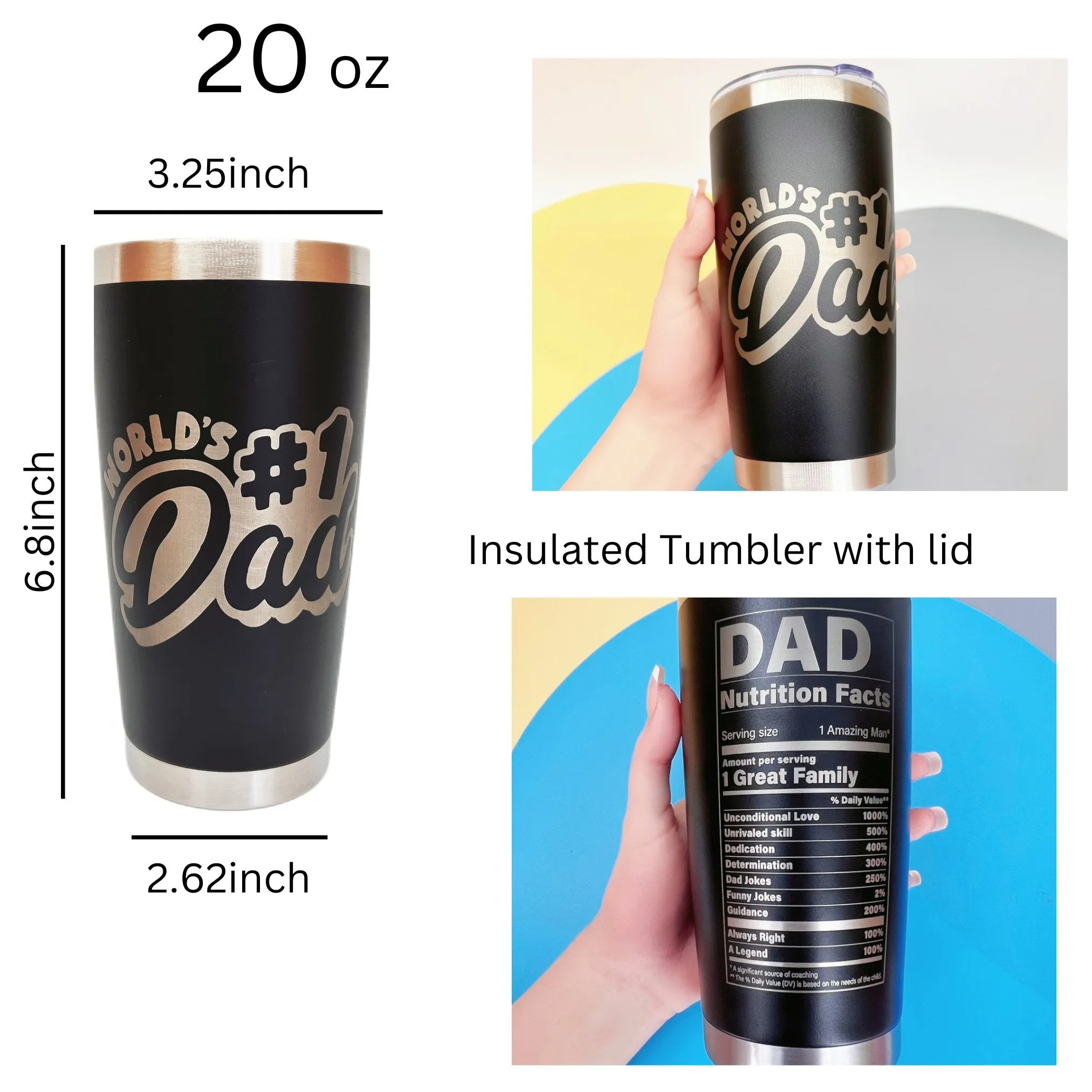 Personalized Engraved Tumblers, Best Dad Ever and Nutrition Fact Birthday Gift for Dad, 20oz Stainless Steel Custom Coffee Tumbler