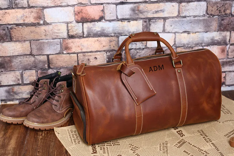 Personalized Full Grain Leather Travel Bag with shoe Pouch Weekend Bag Duffel Bag Leather Duffle with shoe Compartment