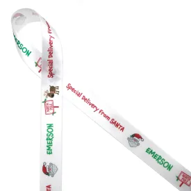 Personalized Ribbon from Santa with child's name Reindeer and Santa printed on 7/8" white single face satin, 25 yards