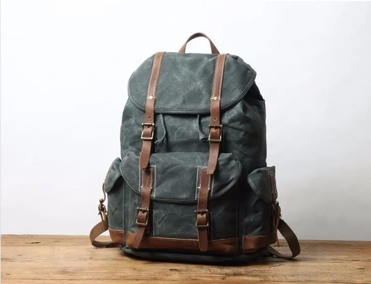 Personalized Waxed Canvas Travel Backpack School Backpack Hiking Rucksack Laptop Backpack