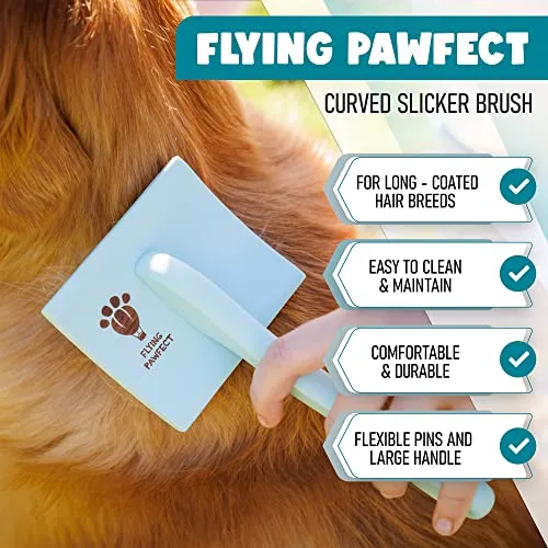 Pet Slicker Brush With Soft Massage Grooming Stainless Steel Pins - Slide This Universal Miracle Coat Slicker Brush for Dematting, Shedding Fur, and Undercoat - Ideal Gift for Professional Pet Groomers - Long Slicker Brush - Flying Pawfect