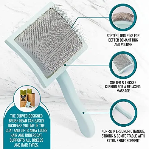 Pet Slicker Brush With Soft Massage Grooming Stainless Steel Pins - Slide This Universal Miracle Coat Slicker Brush for Dematting, Shedding Fur, and Undercoat - Ideal Gift for Professional Pet Groomers - Long Slicker Brush - Flying Pawfect