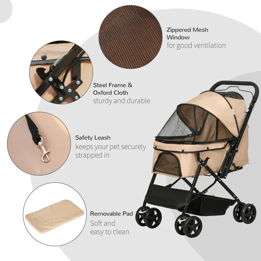 Pet Stroller Dog Foldable Travel Carriage with Reversible Handle, Brown