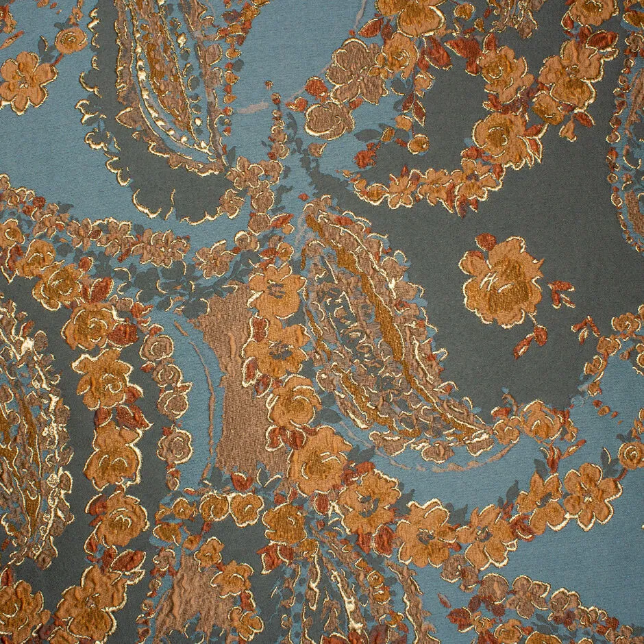 Petrol Blue & Brown Toned Floral Silk Blend Brocade