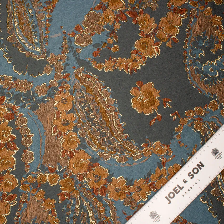 Petrol Blue & Brown Toned Floral Silk Blend Brocade