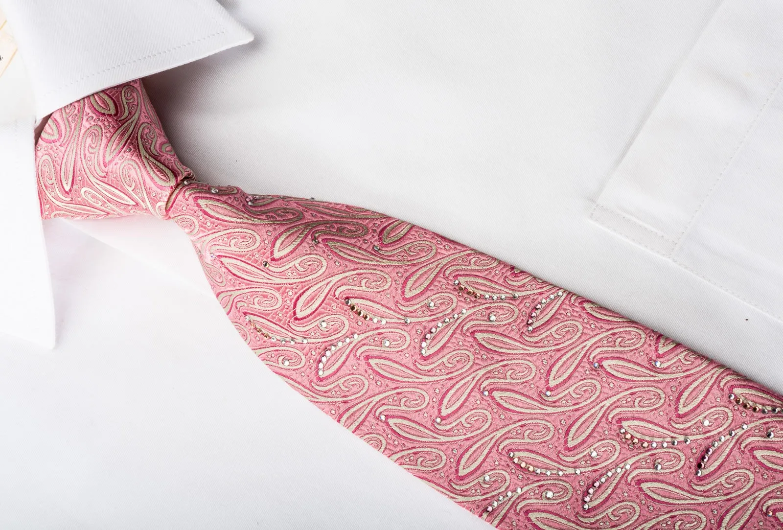 Pierre Cardin Men's Silk Tie Paisley On Pink Sparkling With Rhinestones