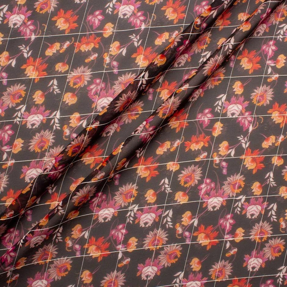 Pink & Orange Floral on Black Silk Georgette Jacquard