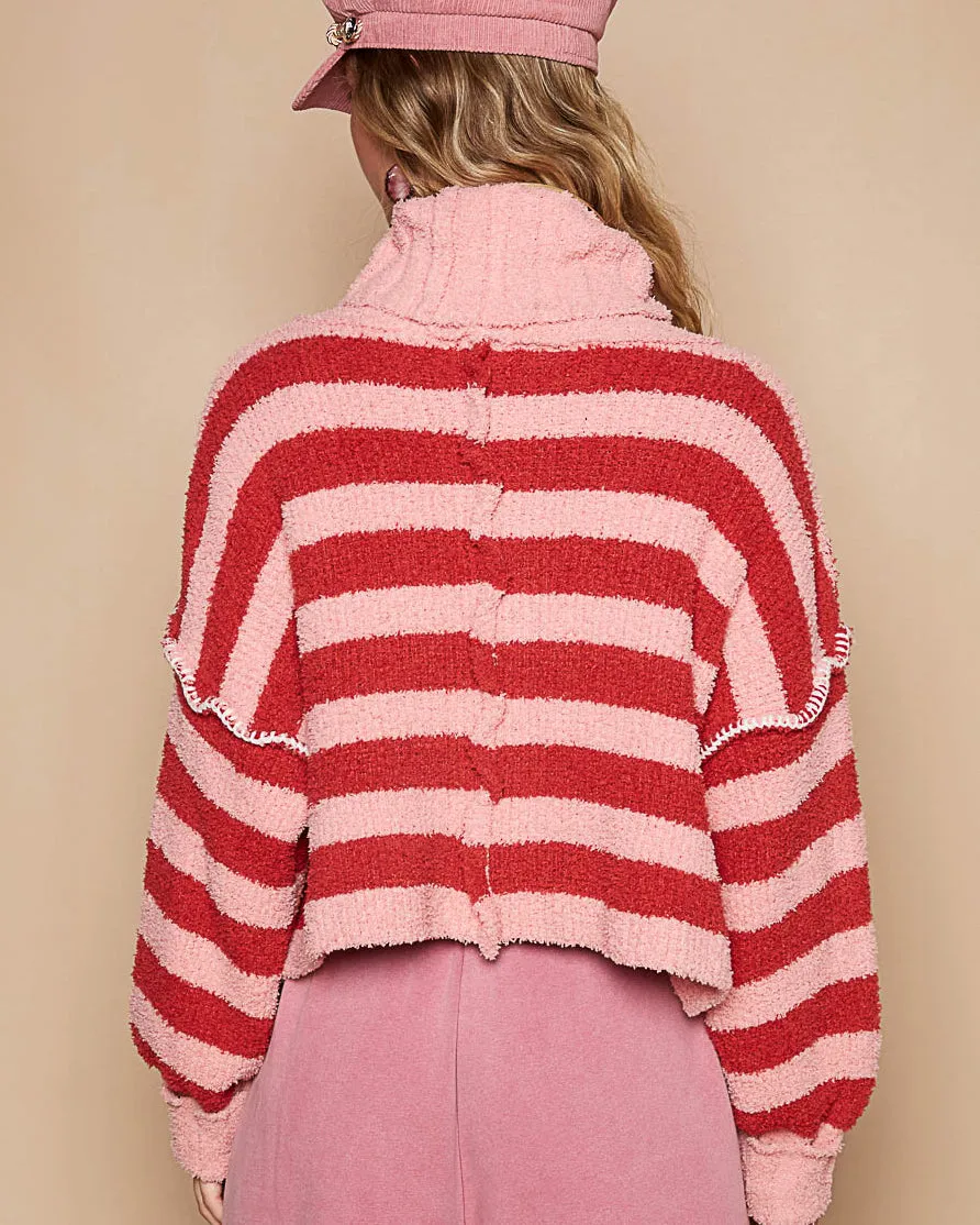 Pink & Red Chenille Roll Neck Cropped Sweater