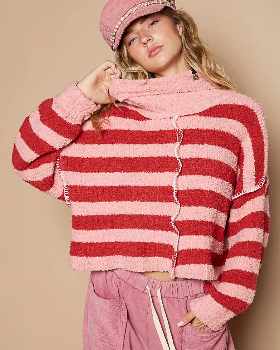 Pink & Red Chenille Roll Neck Cropped Sweater