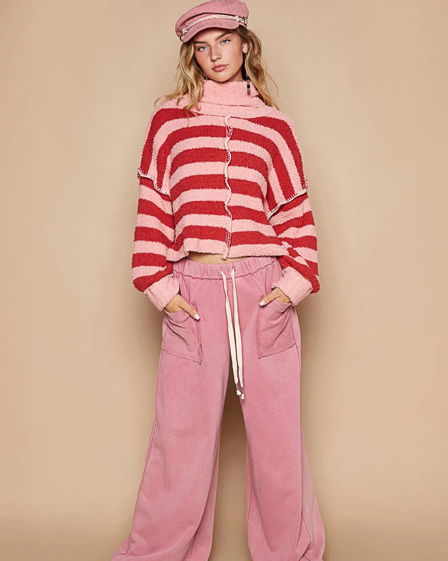 Pink & Red Chenille Roll Neck Cropped Sweater