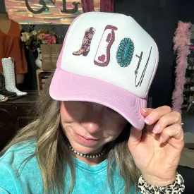 Pink Boot Chap Turquoise Trucker Hat