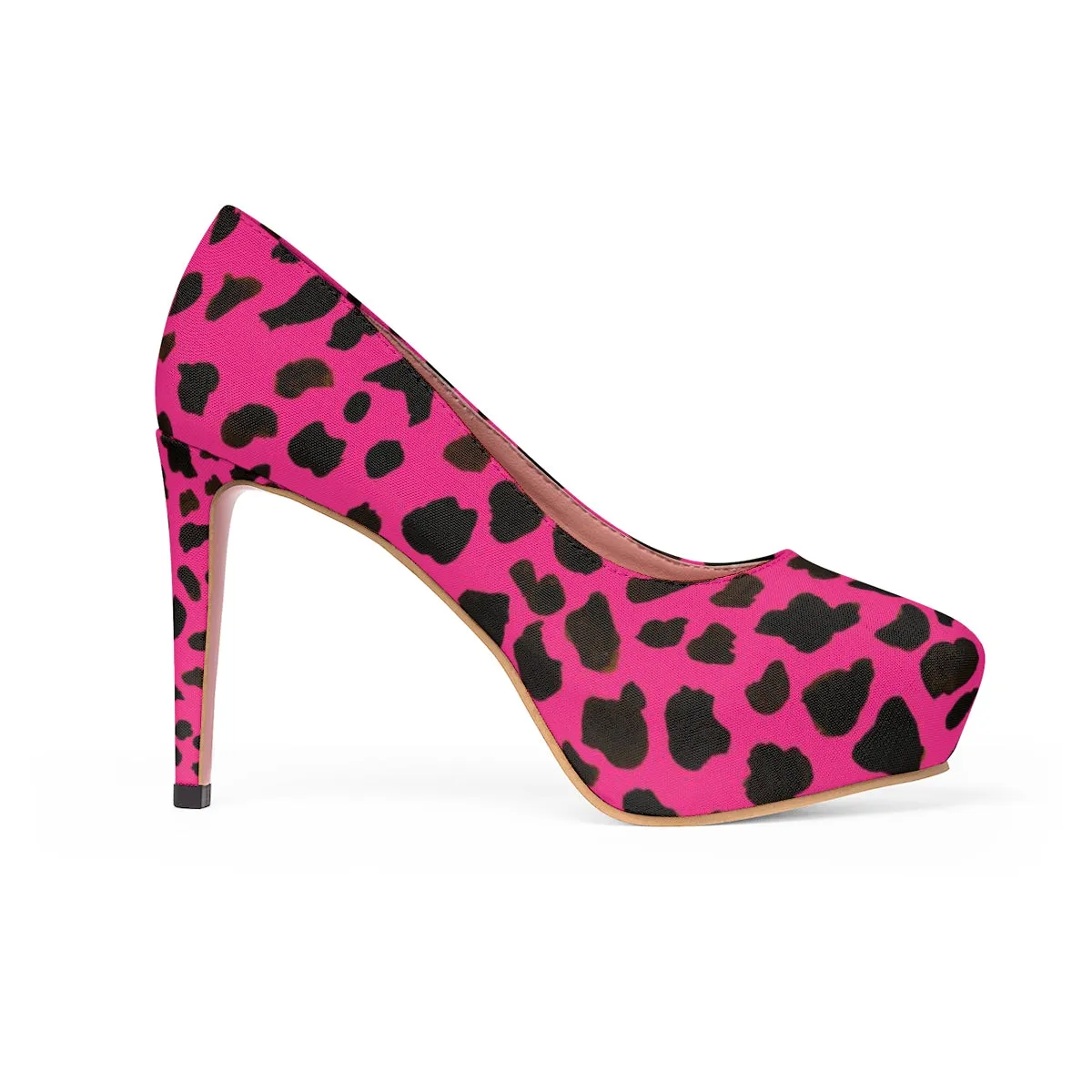 Pink Cow Print Heels, Pink Brown Cow Print Animal Women's 4" Platform Pumps Stilettos