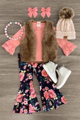 Pink Floral Fur Vest Bell Bottom Set - 3 Piece