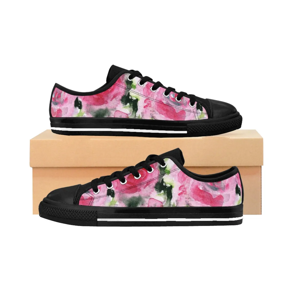 Pink Floral Women's Low Tops, Garden Fairy Rose Floral Designer Low Top Women's Sneakers Shoes (US Size 6-12)