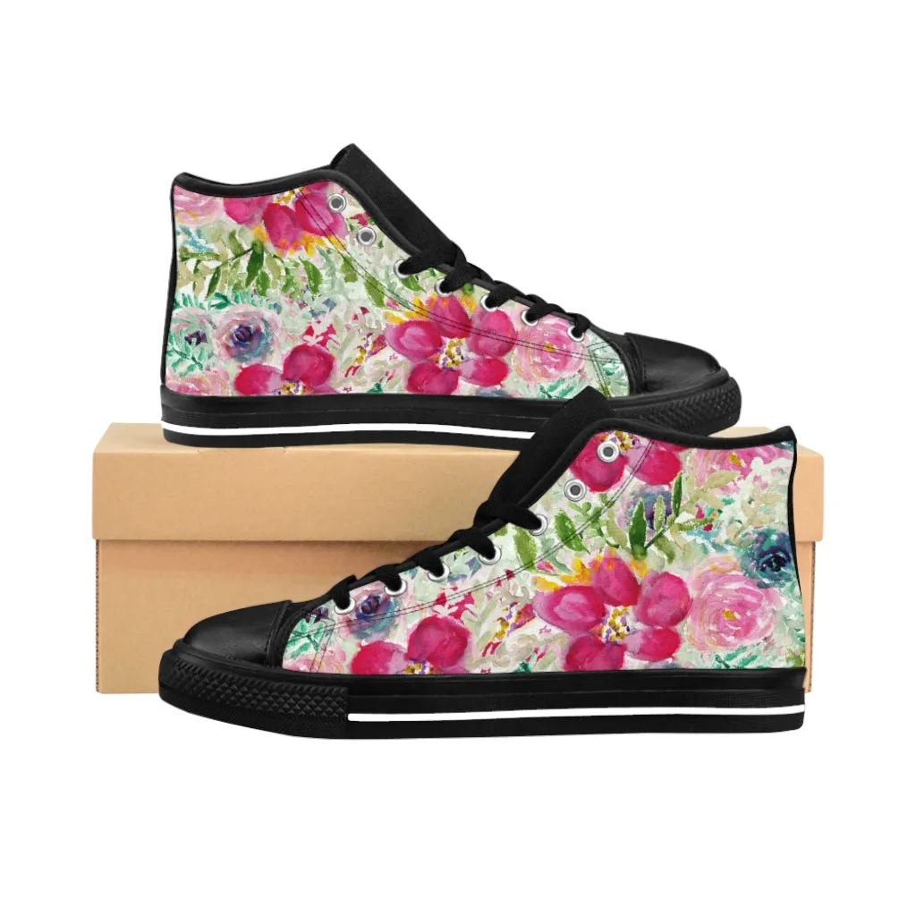 Pink Floral Women's Sneakers, Flower Print Designer High-top Sneakers Tennis Shoes (US Size: 6-12)