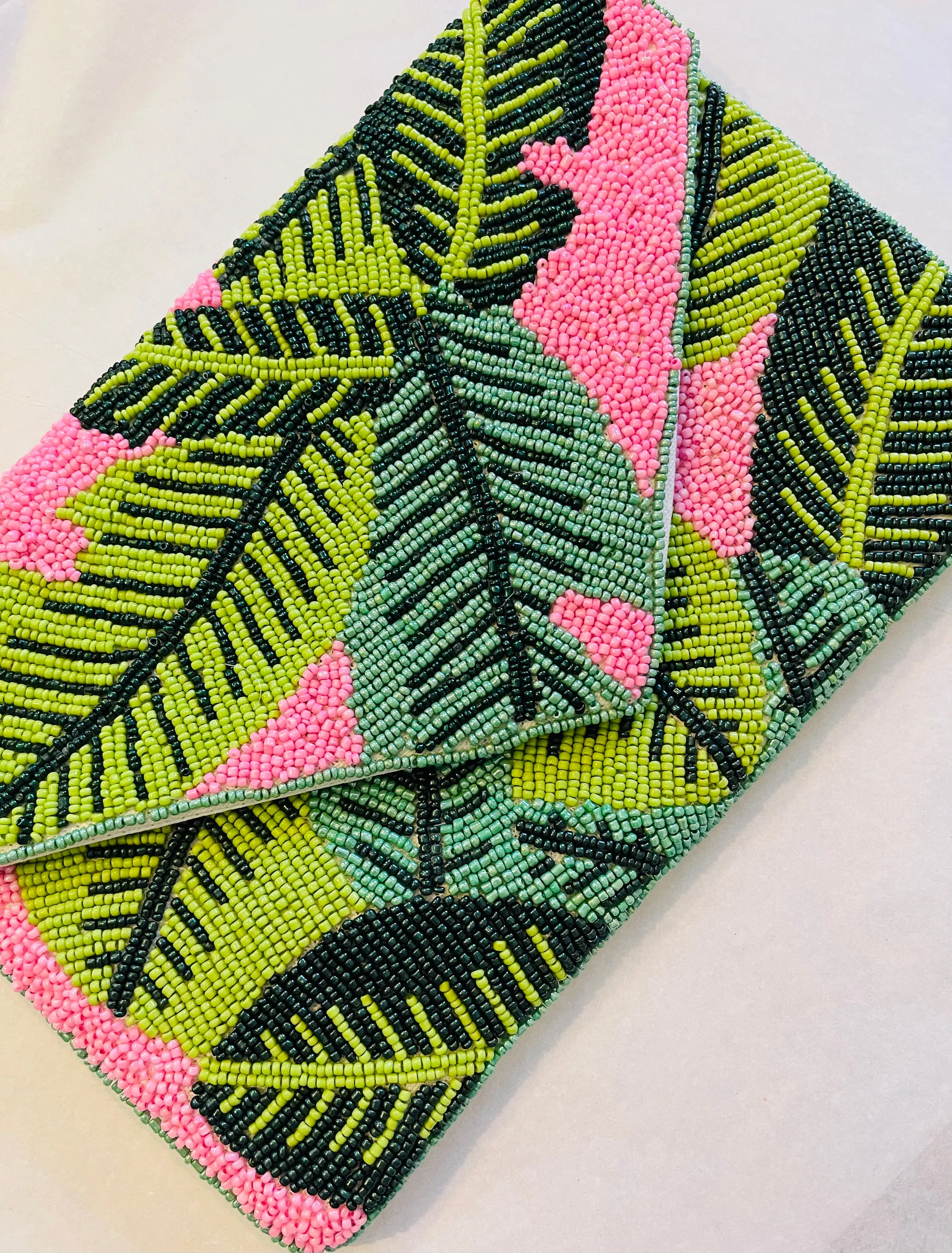 Pink Foliage Handmade Beaded Clutch