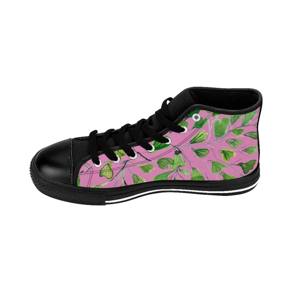 Pink Green Maidenhair Men's Tennis Shoes, Tropical Print Designer Best High-top Sneakers For Men