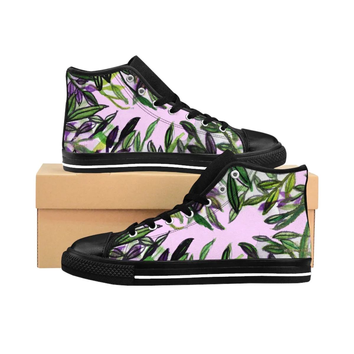 Pink Green Tropical Men's Sneakers, Leaf Print High-top Sneakers Tennis Shoes For Men