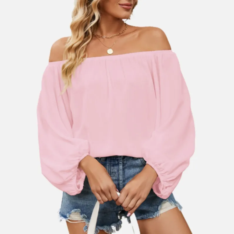 Pink Off Shoulder Blouse Chiffon Blouse with Long Sleeve