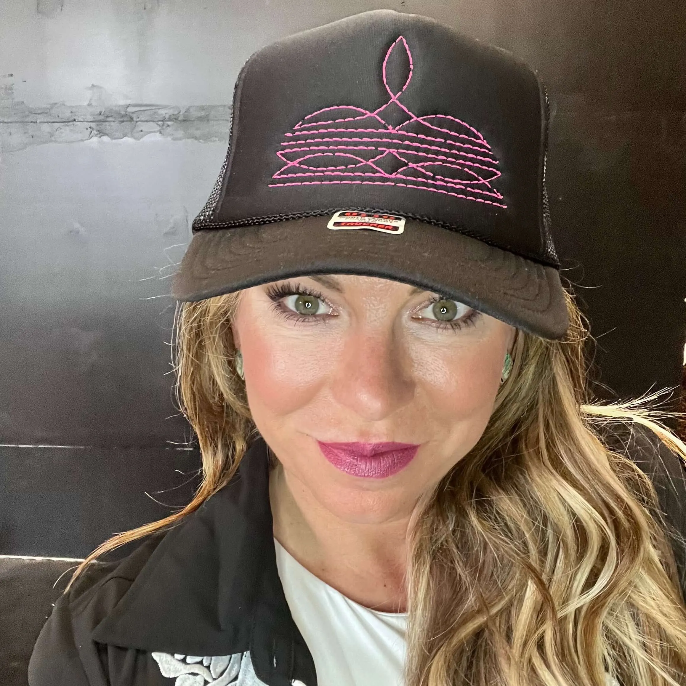 Pink on Black Boot Stitch Trucker Hat