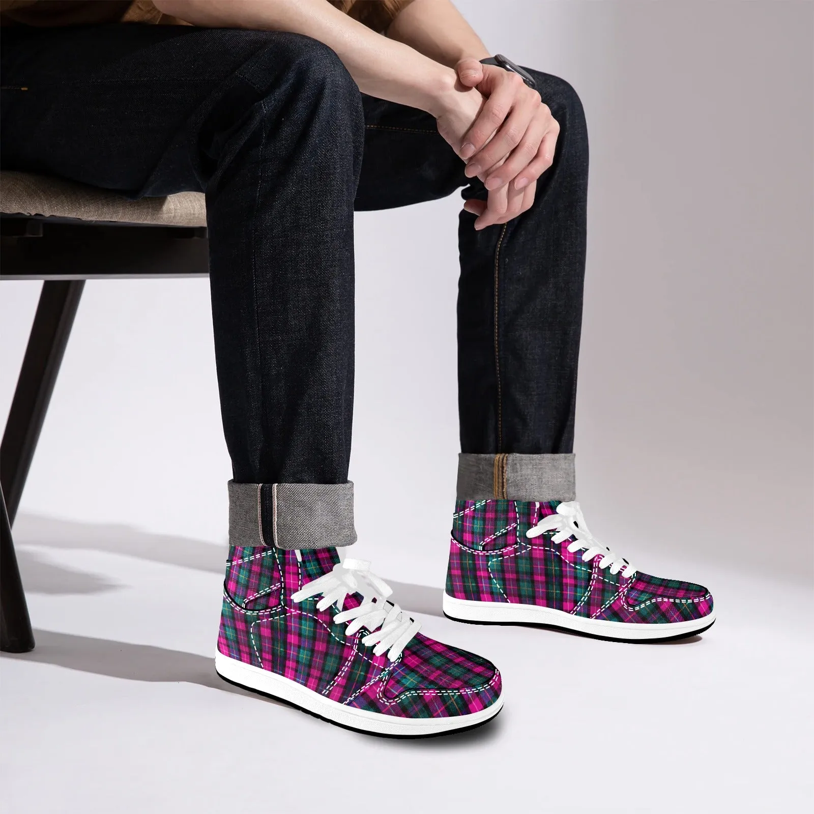 Pink Plaid Sneakers For Men/ Women, Pink Plaid Print Best Designer Unisex Women's or Men's High Top Sneakers (Men's US Size: 4-12) (Women's US Size: 5-13)