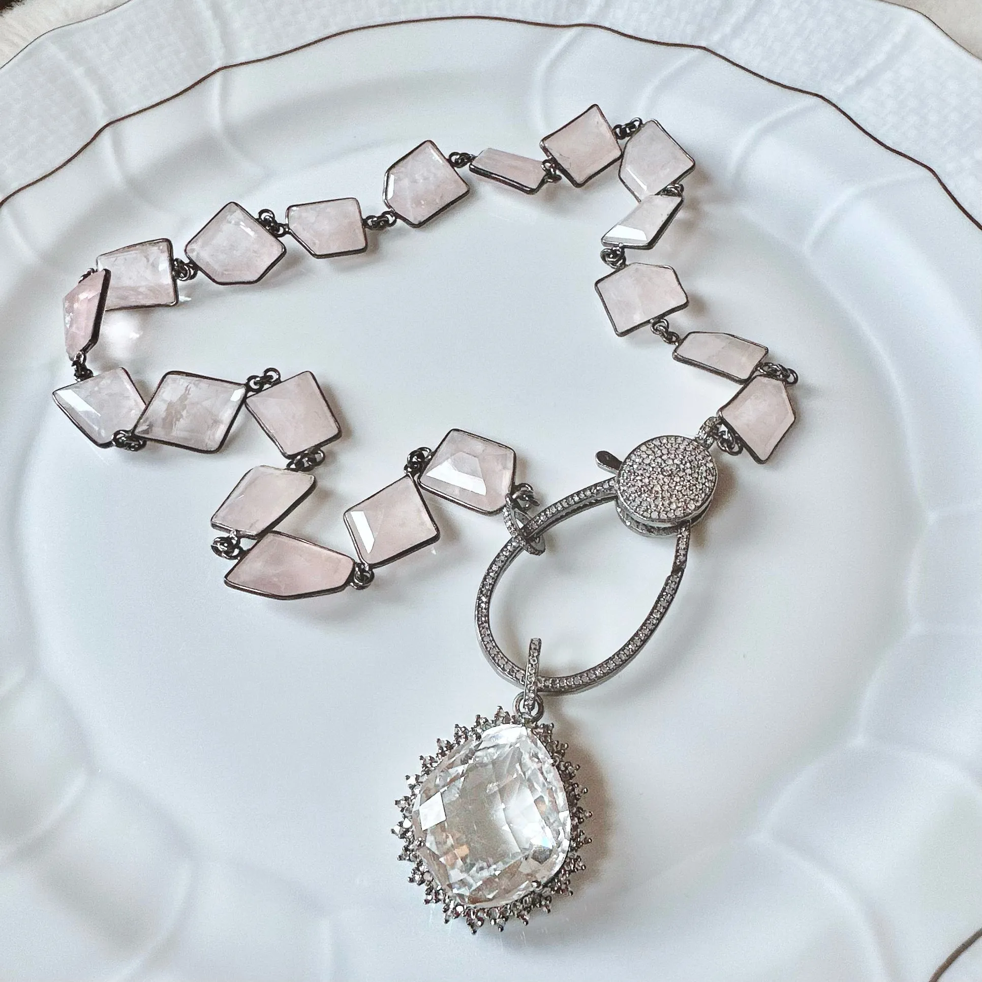 Pink Quartz Necklace with Pave Diamond Lock