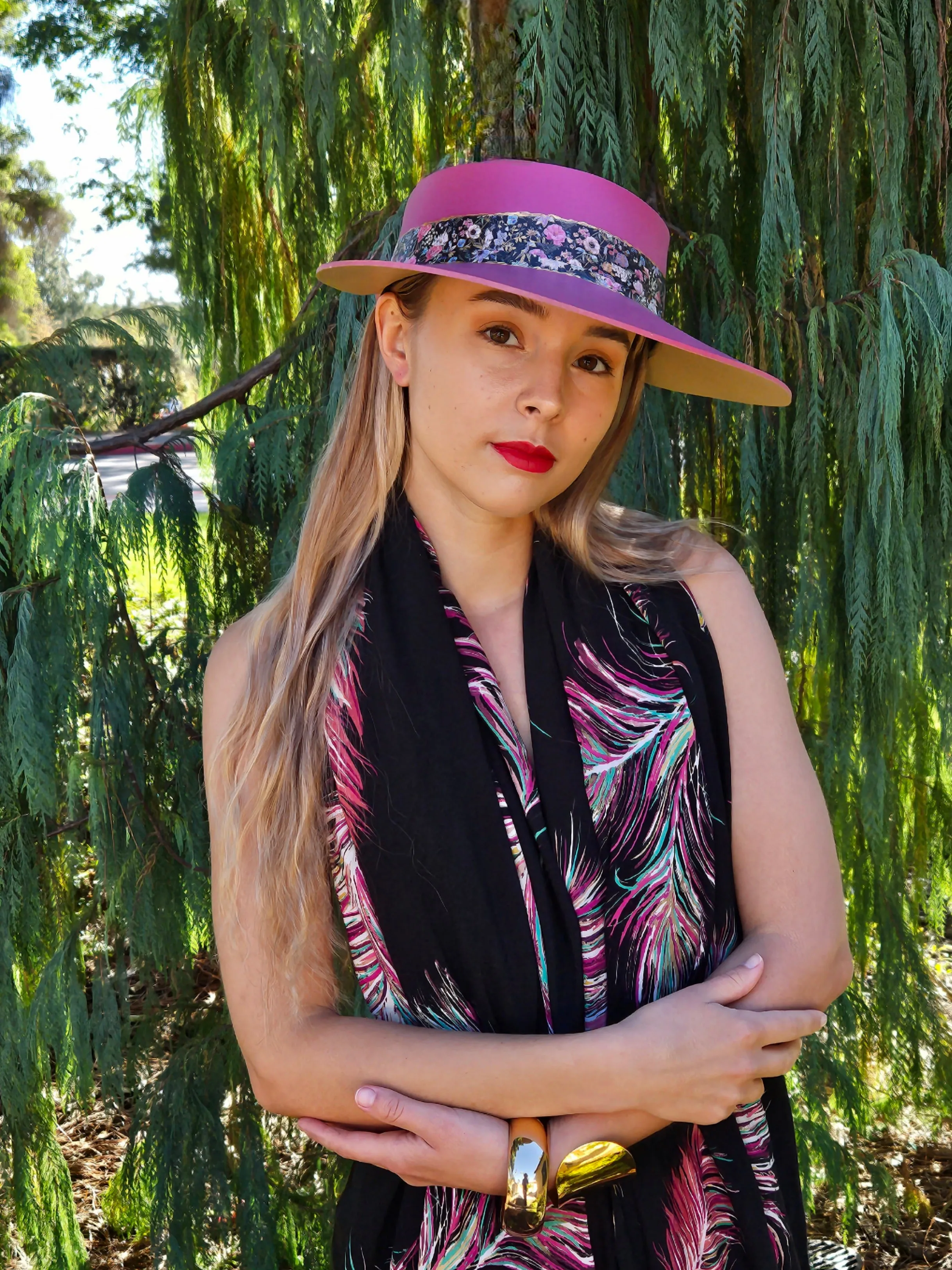 Pink "LadyEVA" Visor Hat with Dark Floral Band