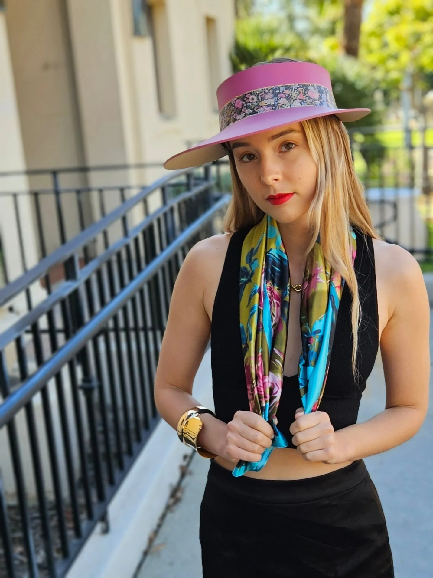 Pink "LadyEVA" Visor Hat with Dark Floral Band