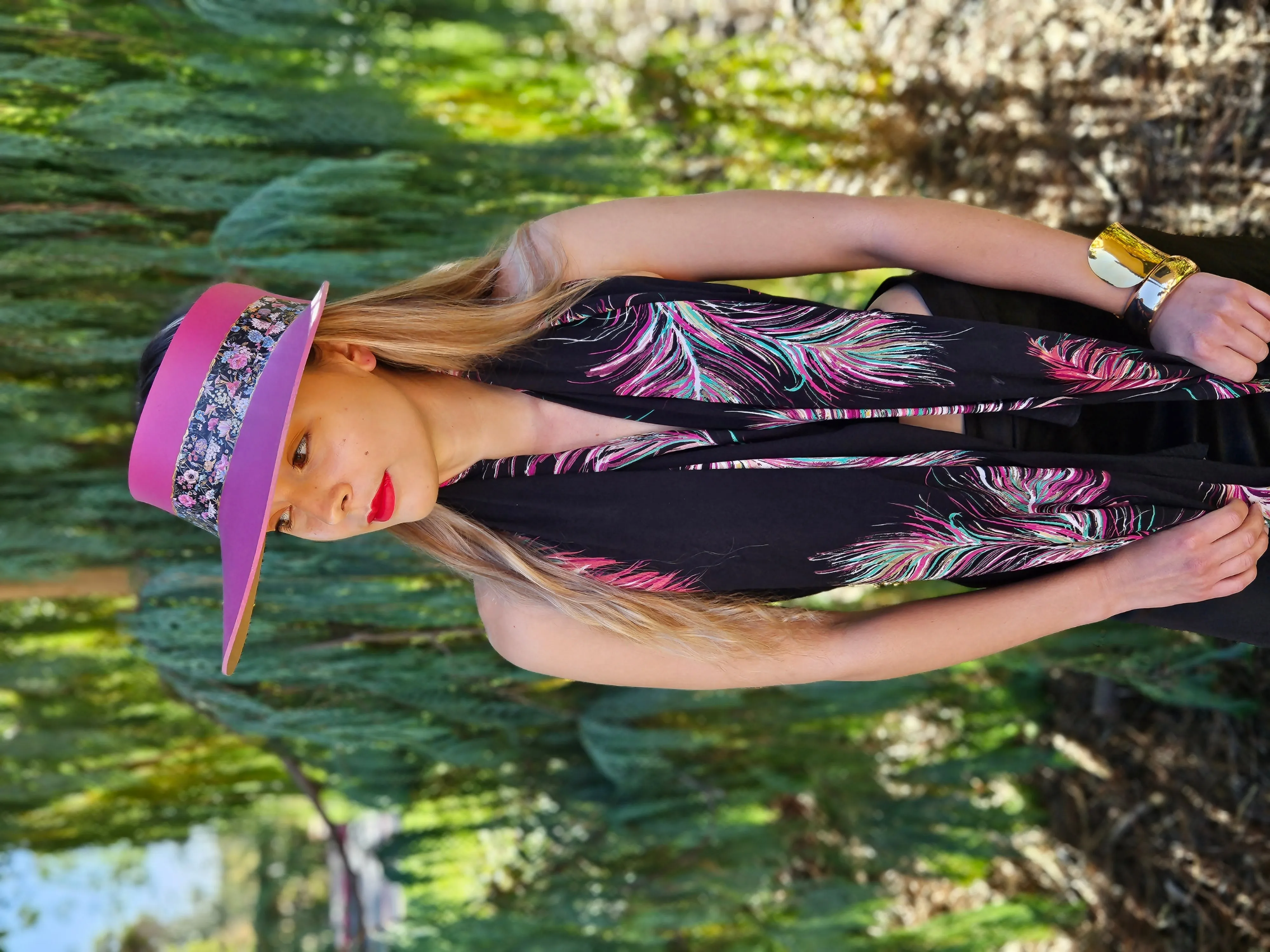 Pink "LadyEVA" Visor Hat with Dark Floral Band