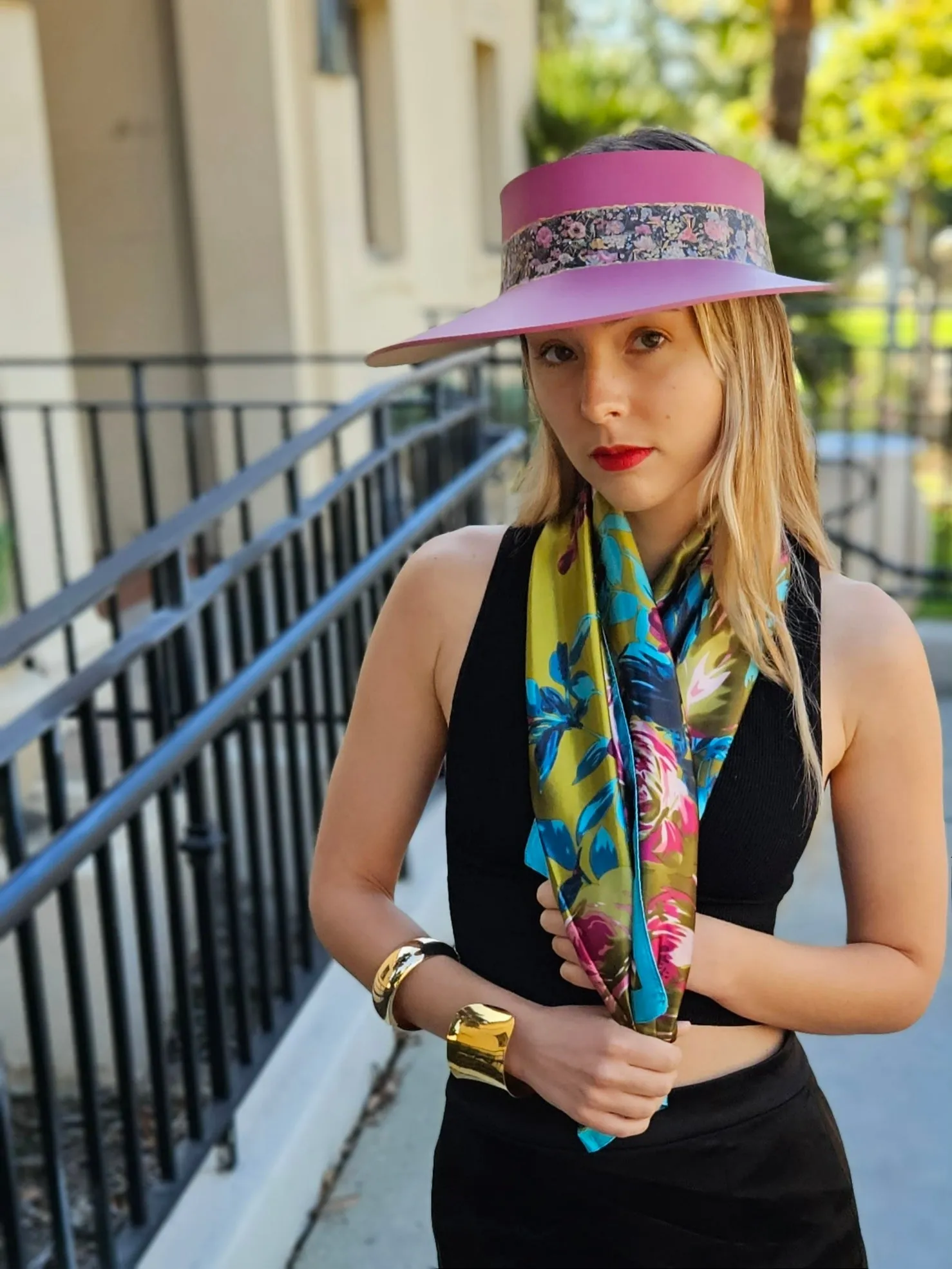 Pink "LadyEVA" Visor Hat with Dark Floral Band