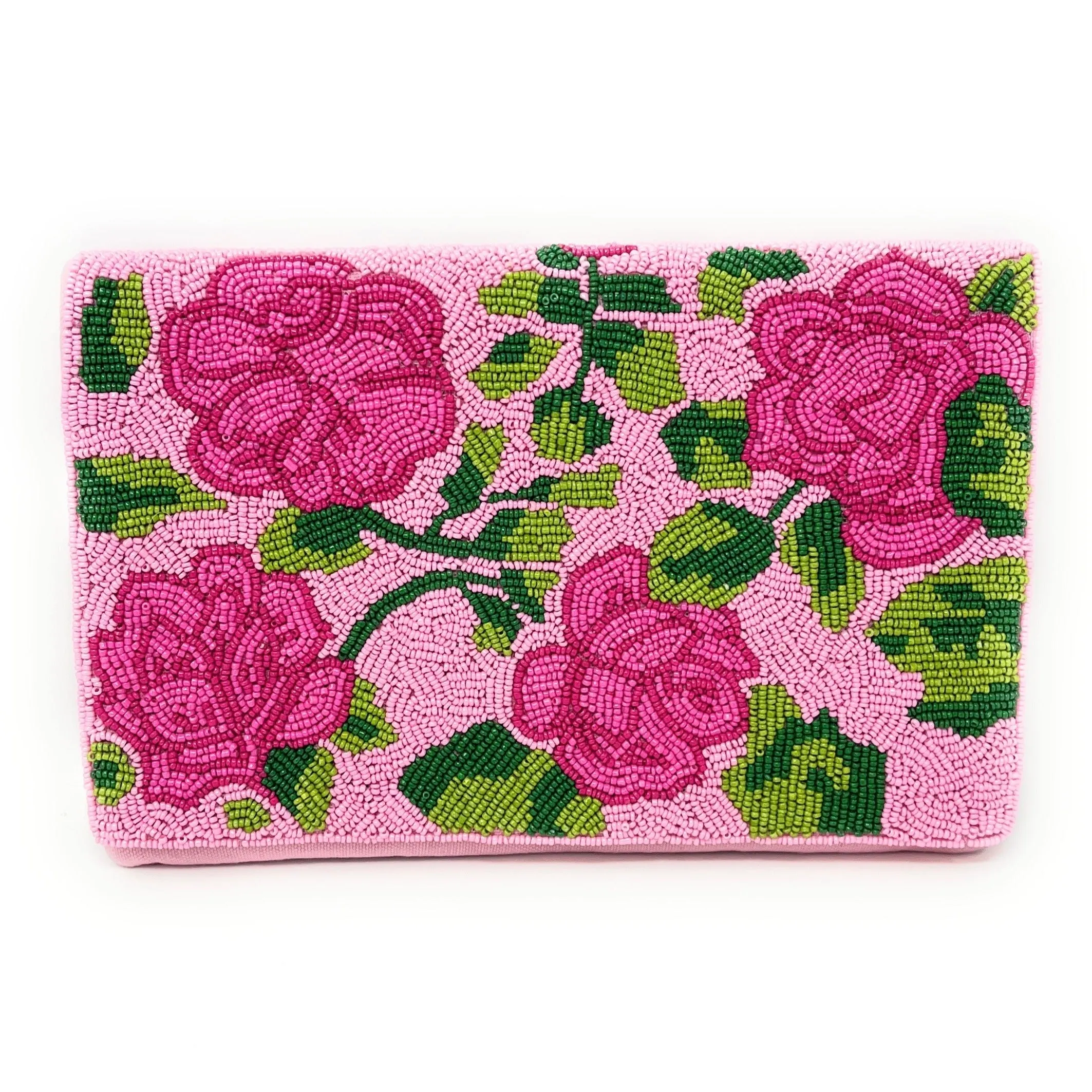 Pink Rose Beaded Clutch Purse