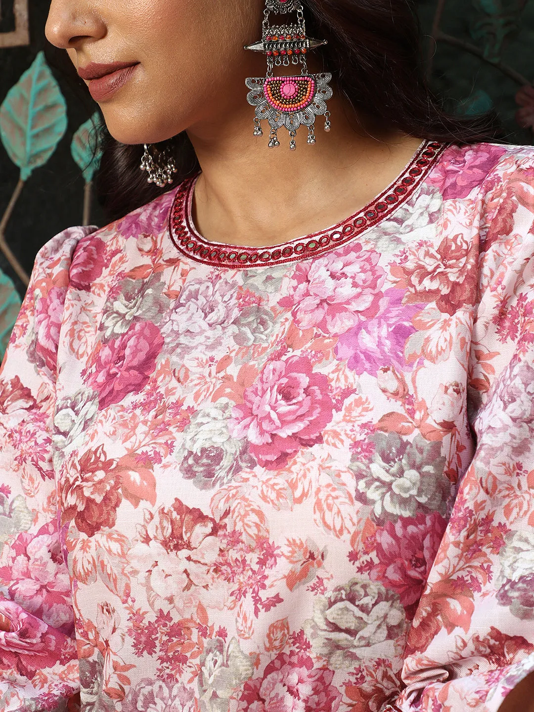 Pink Rose Floral Printed Kurta With Pants