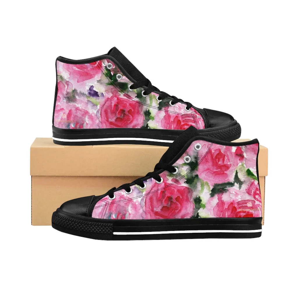 Pink Rose Men's High-top Sneakers, Floral Colorful Print Men's Designer Tennis Running Shoes